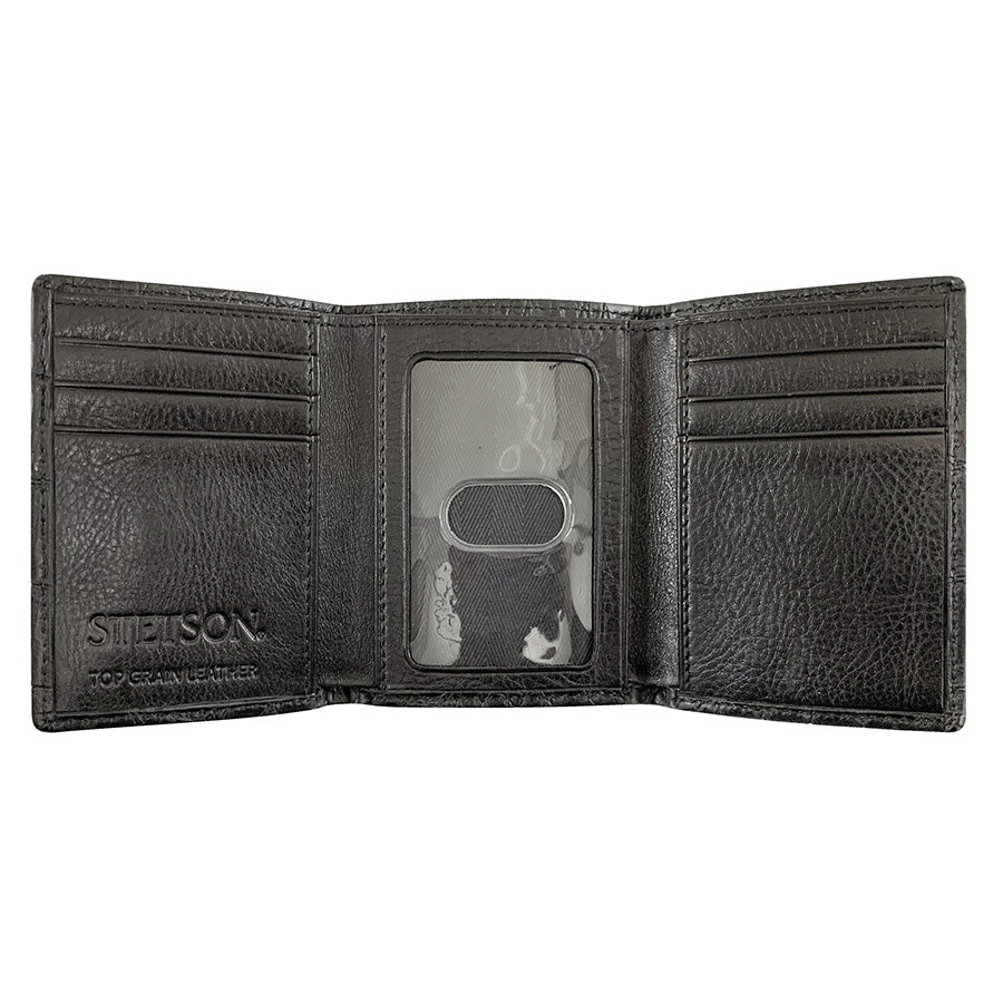 Cartera Piel Triple Pliegue Negra Estilo Cocodrilo | Stetson