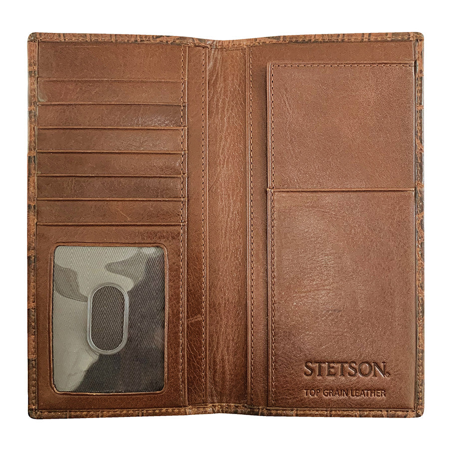 Cartera Piel Doble Pliegue Chequera Coñac Estampado Cocodrilo | Stetson