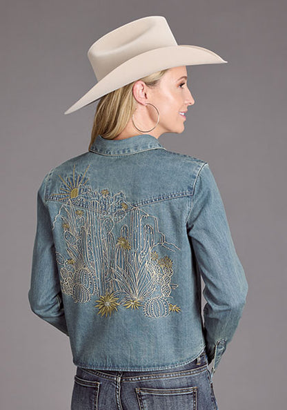 Blusa Stetson Manga Larga Mezclilla Crop Dama Azul