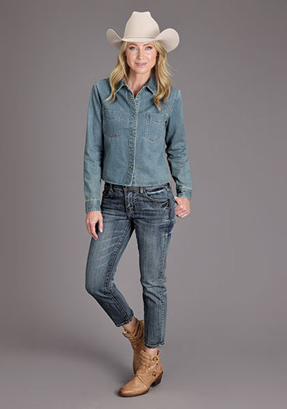 Blusa Stetson Manga Larga Mezclilla Crop Dama Azul