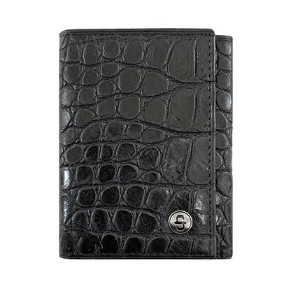 Cartera Piel Triple Pliegue Negra Estilo Cocodrilo