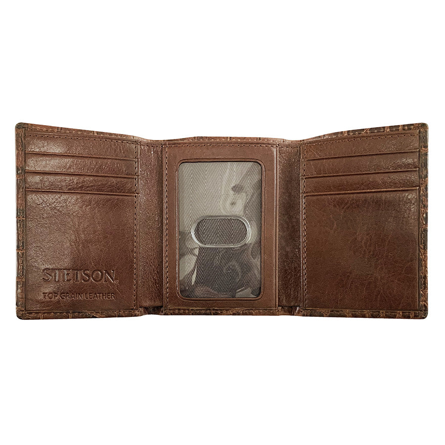 Cartera Piel Triple Pliegue Coñac Estilo Cocodrilo | Stetson