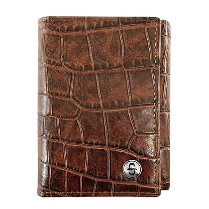 Cartera Piel Triple Pliegue Coñac Estilo Cocodrilo