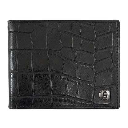 Cartera Piel Doble Pliegue Negra Estilo Cocodrilo