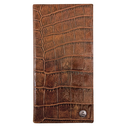 Cartera Piel Doble Pliegue Chequera Coñac Estampado Cocodrilo