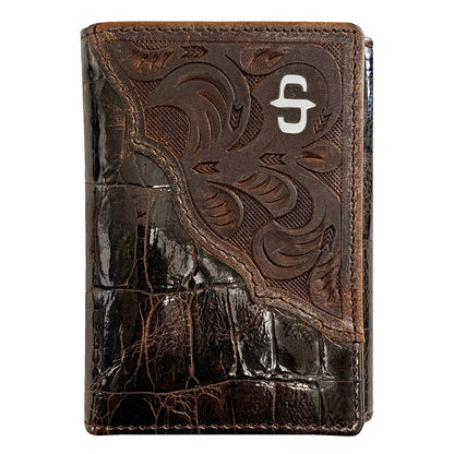 Cartera Piel Triple Pliegue Marrón Estilo Cocodrilo